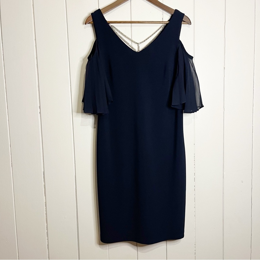 Frank Lyman Navy Cold Shoulder Dress. Size 8.